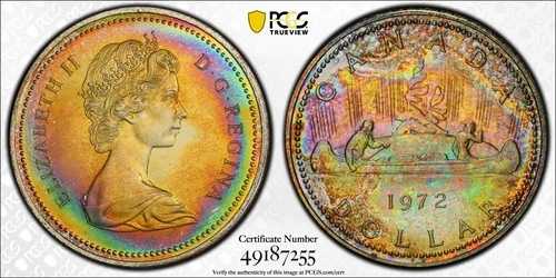 1972年 カナダ ボヤージャー 銀貨 1ドル PCGS SP68 ダークフルレインボートーン