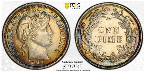 1892年 10セント バーバー シルバー ダイム - PCGS MS62 レインボートーン