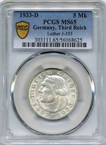 1933-D ドイツ 5マルク、第三帝国、マルティン・ルター - GEM 未流通、PCGS MS65