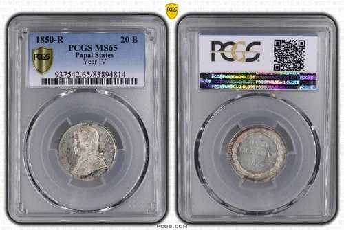 P1937 Finest Papal States 20 Baiocchi Pius IX Pont 1850 R Rome PCGS MS65 Silver-