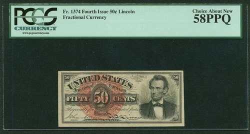 1869-75 50セント フラクショナル通貨 FR-1374 リンカーン PCGS チョイス 新品-58PPQ