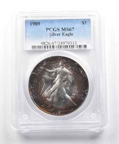 1989年 アメリカンシルバーイーグル MS67 PCGS 美しいブルー/パープルトーン
