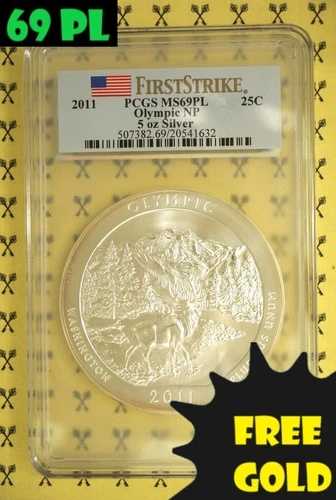 2011年 オリンピック 5オンス シルバー クォーター PCGS MS69 PL ファーストストライク ゴールドバック1/2枚無料*