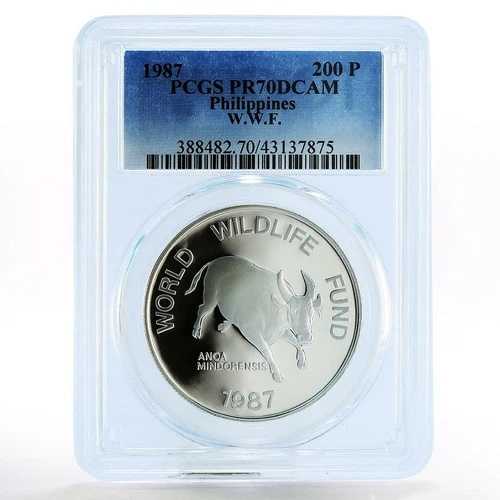 フィリピン 200 ピソ WWF シリーズ ミンドロ バッファロー ブル PR70 PCGS 銀貨 1987 年