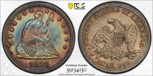 1858年 25セント 着席リバティクォーター PCGS AU53 カラフル表面トーニング