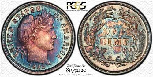 1898年製 10セントバーバーダイム PCGS MS64 トーン！素晴らしい色です！