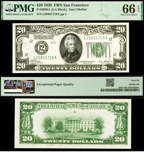 1928年 20ドル FRN サンフランシスコ PMG 66EPQ ジェム 数字シリアル Fr. 2050-L