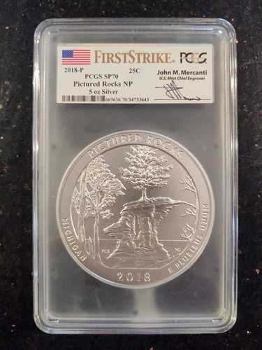 2018年 5オンス シルバー PCGS SP70 ピクチャードロックス NP ファーストストライク メルカンティ サイン入り