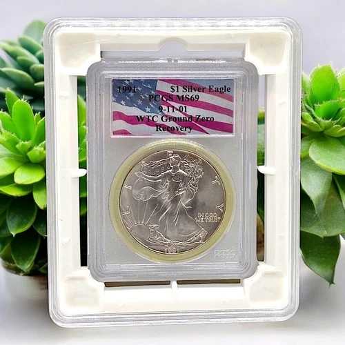 1991 年 WTC グラウンド ゼロ アメリカン シルバー イーグル リカバリー コイン PCGS MS 69 希少グレード!