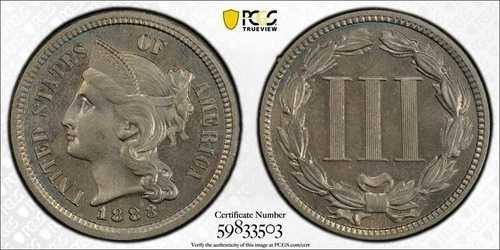 1883年 3CN プルーフニッケル - PCGS PR65 - 3セント米国鋳造コイン