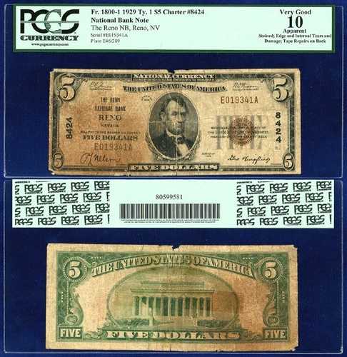 アメリカ 1929年 リノ ネバダ州 国立銀行 5ドル ジョージ・ウィングフィールド - PCGS VG 10