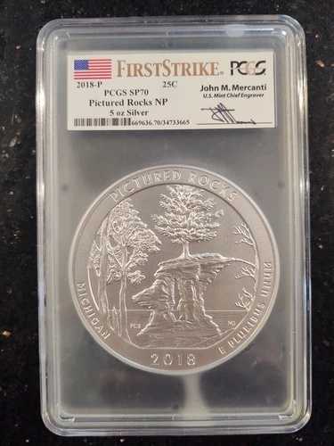 2018年 5オンス シルバー PCGS SP70 ピクチャードロックス NP ファーストストライク メルカンティ サイン入り