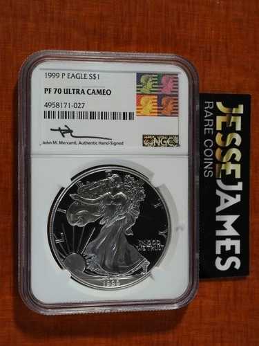 1999年 Pプルーフ シルバーイーグル NGC PF70 ウルトラカメオ ジョン・マーカンティ サイン入りアートラベル