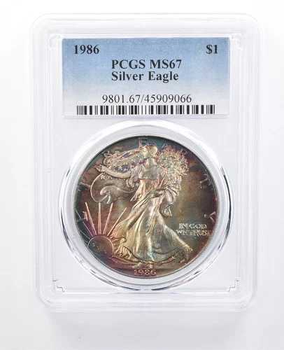 1986年 アメリカン シルバー イーグル MS67 PCGS レインボートーン *7997｜WORLD RESOURCE【QUEEN店】