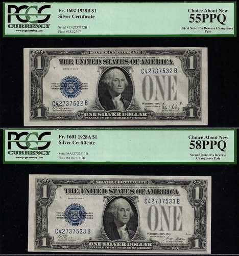 1928A 1928B 1ドル銀貨証明書 PCGS 58PPQ 裏面変更 Fr 1601 Fr 1602