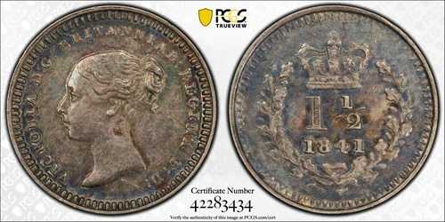イギリス 1841年 銀貨 1-1/2ペンス ヴィクトリア S-3915 PCGS AU 詳細スクラッチ