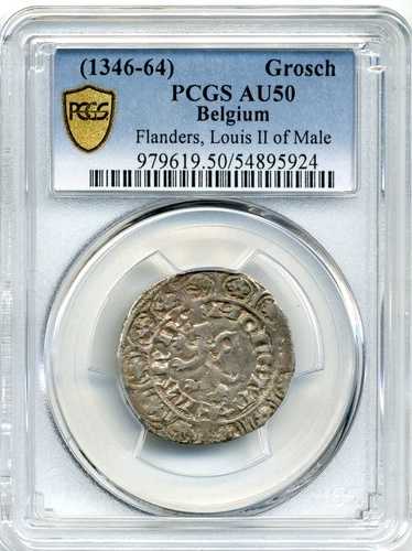 1346-64 ベルギー フランダース グロッシェン、マーレ ルイ 2 世 - PCGS AU 50