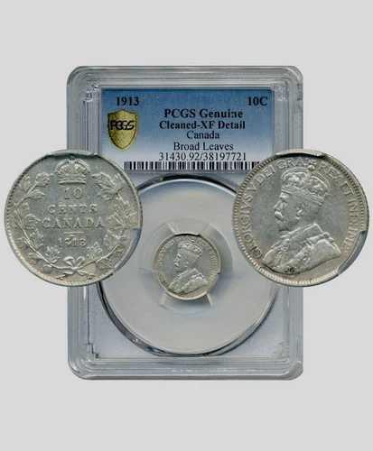 1913年カナダ10セント硬貨、ブロードリーフ - PCGS EF 詳細
