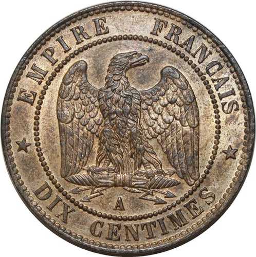 O1874 卓越した 10 サンタイム ナポレオン 3 世 1865 A パリ UNC PCGS MS64 CI!! -