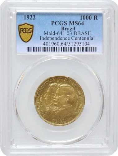 ブラジル 1000 レイス 1922年、PCGS MS64、「独立」KM#522.2（エラー「BBASIL」）-