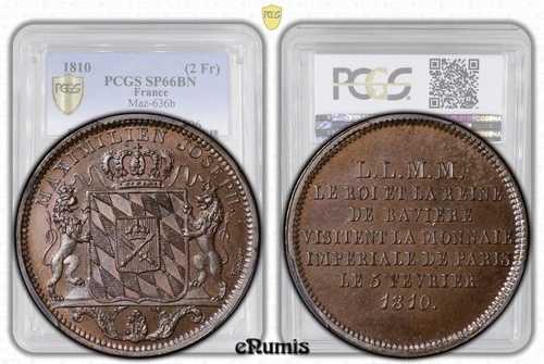 フランス、バイエルン、2フラン、1810年、造幣局訪問、トップポップ、PCGS SP 66 BN