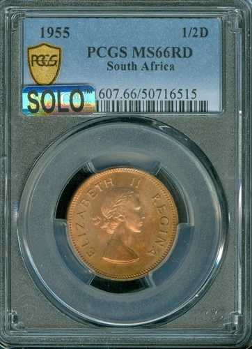 1955 年南アフリカ 1/2 ペニー PCGS MS66 RD MAC SOLO 最高グレード & シミなし。