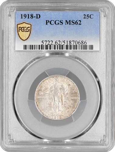 アメリカ 1/4ドル (25セント) 1918 D、PCGS MS62、「スタンディング・リバティ・クォーター」シルバー