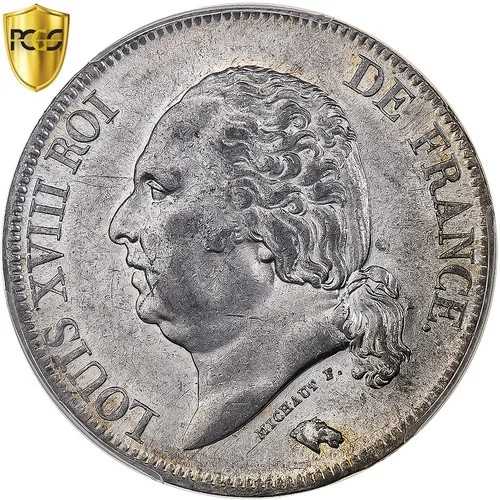 フランクライヒ、ルイ 18 世、5 フラン、1824 年、リモージュ、シルバー、PCGS、MS61