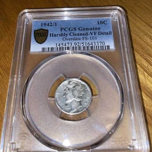 1942年1月 ダイム ウィングド リバティ ヘッドまたはマーキュリー PCGS オーバーデート FS 101 クリーニング済み