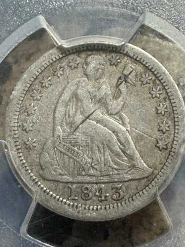 1843年-O 着席ダイム、日付がはるかに良好、PCGS VF詳細、送料無料