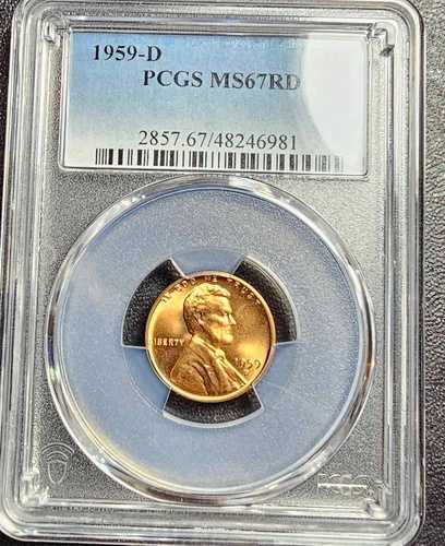 リンカーン記念1セント硬貨 1959-D PCGS MS67RD 縁に「L」の頭蓋骨にひび割れあり