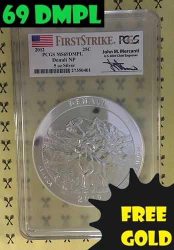 2012年 デナリ 5オンス シルバー クォーター PCGS MS69 DMPL FS メルカンティ ゴールドバック1/2枚無料*