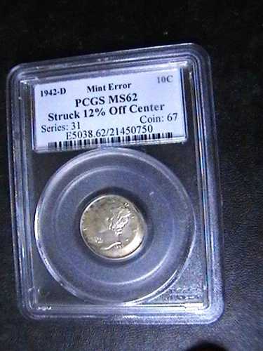1942-D マーキュリーダイムミントエラー、ブロードストラック、センター12%オフ PCGS MS-62