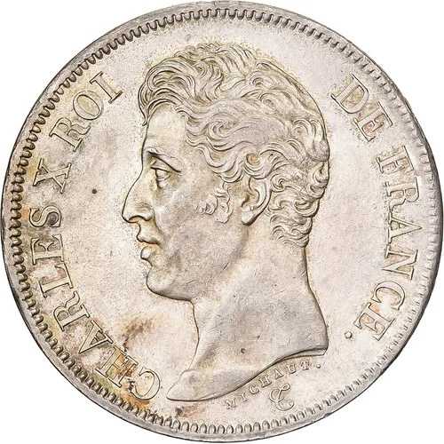 [#981486] フランス、シャルルX、5フラン、1825年、パリ、シルバー、AU (55-58)、ガドゥリー: 6-