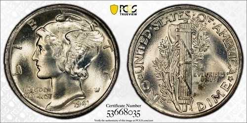 1941年 P マーキュリーダイム PCGS MS-67+ PLUS FB CAC|WORLD RESOURCE【QUEEN店】