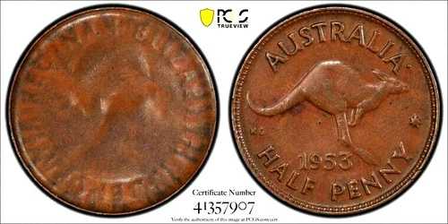 オーストラリア 1953年 ハーフペニー「キャップ付きダイを貫通するエラー刻印」 PCGS AU58 希少｜WORLD RESOURCE【QUEEN店】