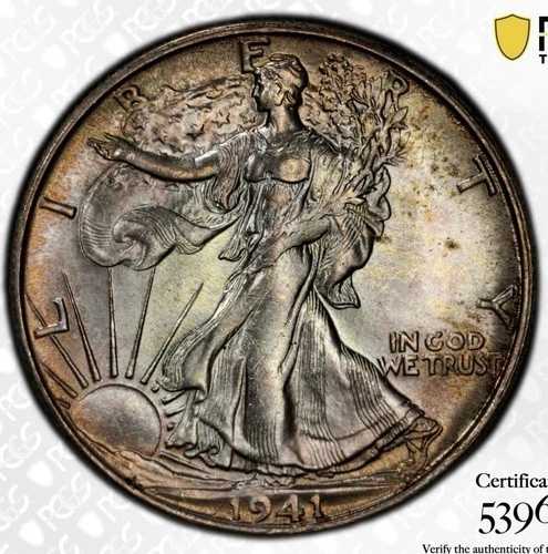 1941年-S MS65+ PCGS ウォーキング リバティ ハーフ S/S FS501 ミックストゥルービュー カラートーン-