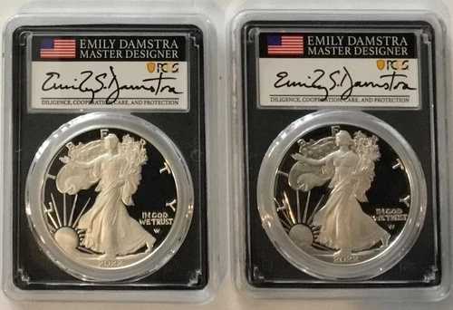 2022 W/S シルバー イーグル PCGS PR70 DCAM エミリー ダムストラ サイン入り FDOI 2 コイン セット W/S !