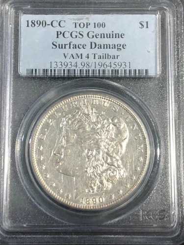 1890-CC モルガン銀貨（Vam 4 テールバー）PCGS「本物の表面損傷」