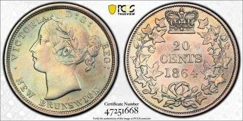 1864年 ニューブランズウィック 20セント、ビクトリア - PCGS AU 詳細