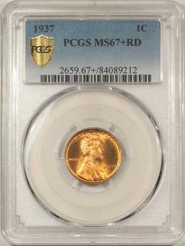 1937 リンカーン セント、PCGS MS-67+ RD、信じられないほどの赤い光沢と素晴らしい!