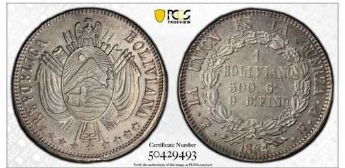 ボリビア共和国 1864 PTS-FE ポトシ造幣局、KM160.1。PCGS AU58、TOP ONE!!!!