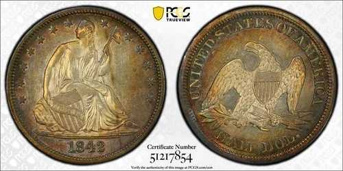 1842年 PCGS AU 詳細 ミディアムデイト シルバー シーティング リバティ ハーフドルコイン #52927A