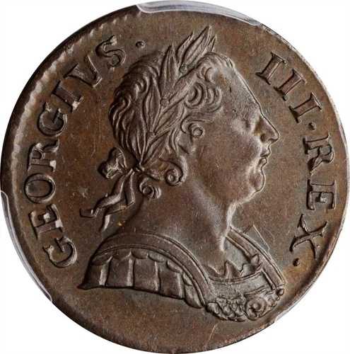 イギリス ジョージ3世 1771年 ハーフペニー 未流通 PCGS MS62-BN認定