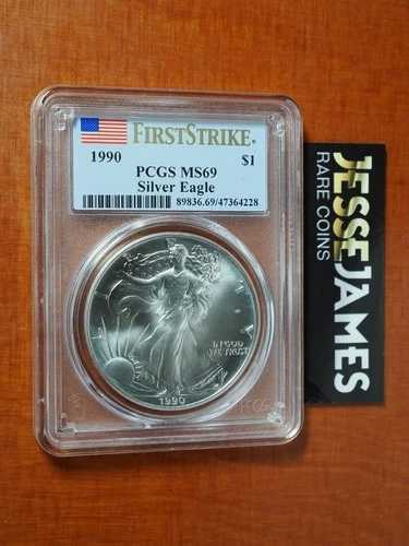 1990年 $1 アメリカン シルバー イーグル PCGS MS69 フラッグ ファーストストライク ラベル