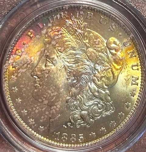 1885-O モーガン 1ドル PCGS MS65 テキスタイル レインボートーン 表面 mikesartifacts