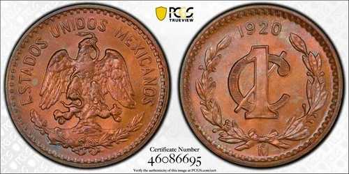 メキシコ エスタドス ウニドス 1920 1 センタボ コイン PCGS 認定 未流通 MS65-RB