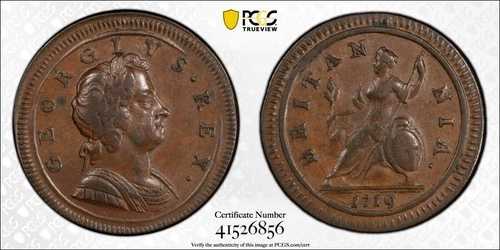 イングランド ジョージ1世 1719年 1/2ペンス ハーフペニー硬貨、ほぼ非円弧。PCGS認定 AU50 147,950円