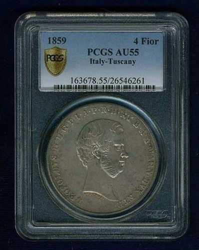イタリア / イタリア領トスカーナ 1859年 4フィオリニ銀貨 PCGS認定 AU55