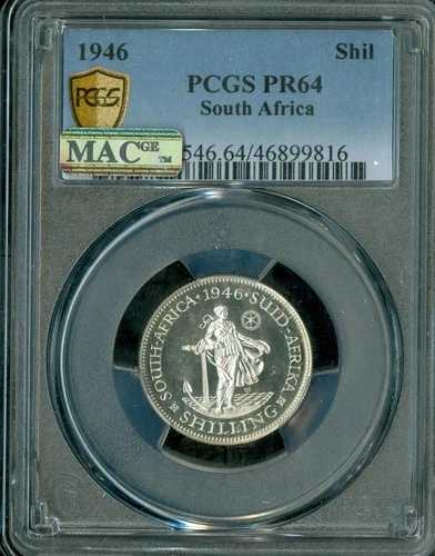 1946年 南アフリカ 1シリング PCGS PR64 MAC スポットレス 150 ミントカメオ。